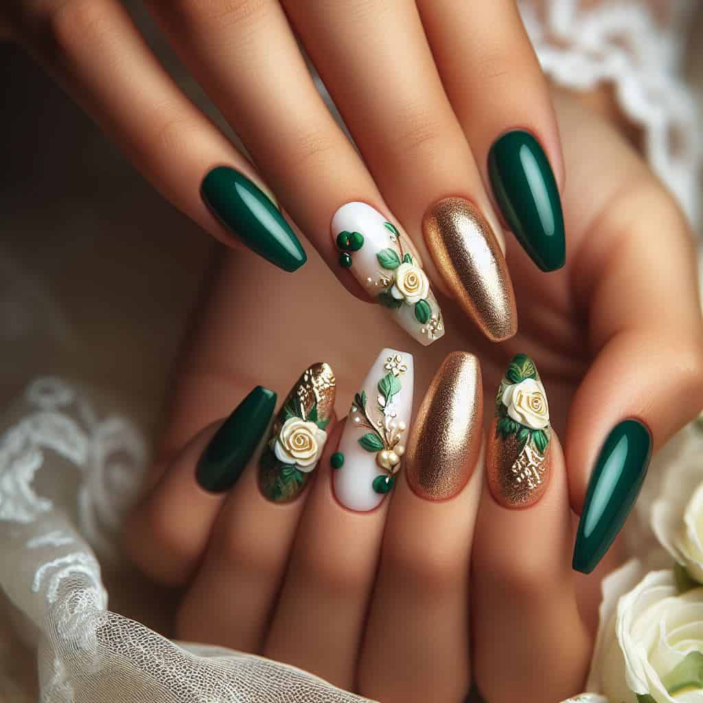 مدل ناخن عروس با لاک سبز و طلایی و گل های سفید
